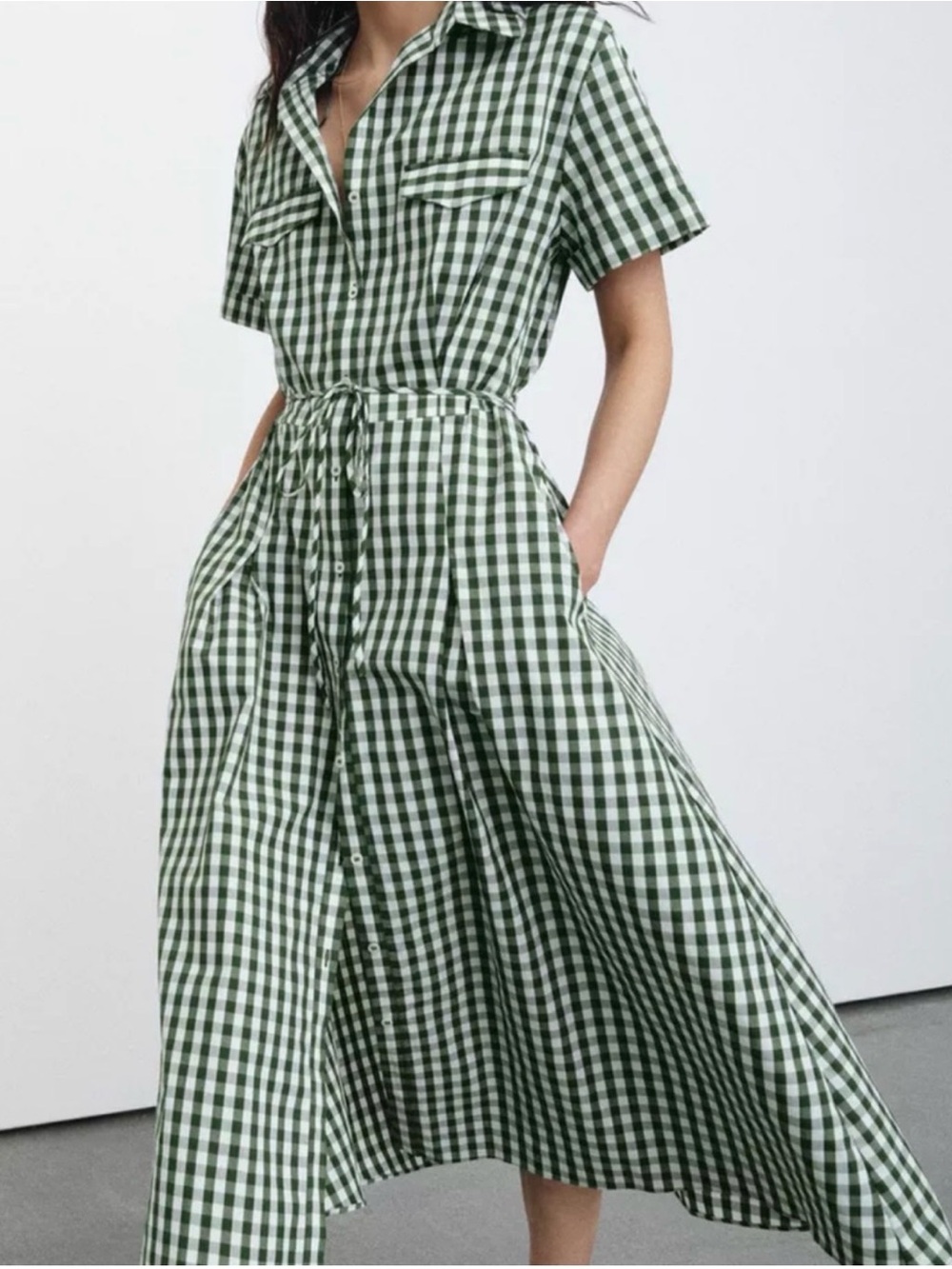 Zara Green and White Gingham Midi Shirt Dress
